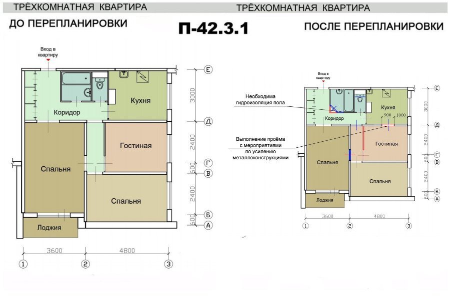 Перепланировка трешки, типовой проект от МНИИТЭП