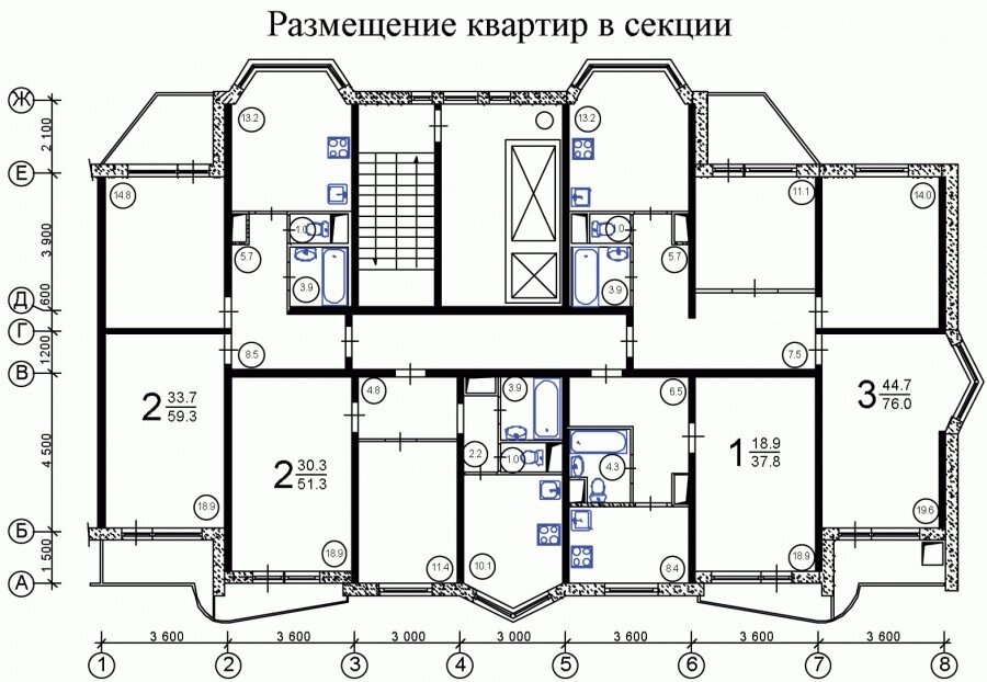 План типовой секции, квартир всегда 4 на этаже