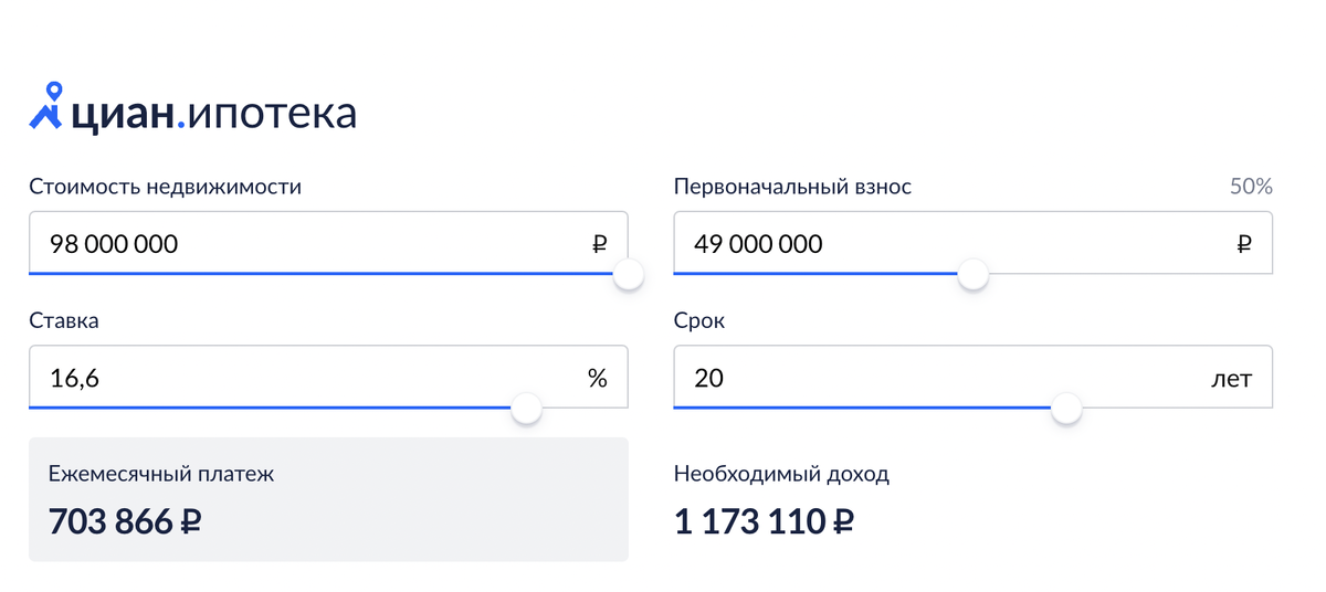 Расчет на калькуляторе для квартиры за 1 млн. евро