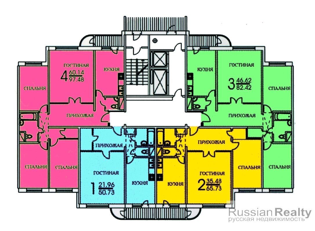 8-ти шаговая секция 4-1-2-3 со всеми разными квартирами на этаже, с сайта Russian Realty