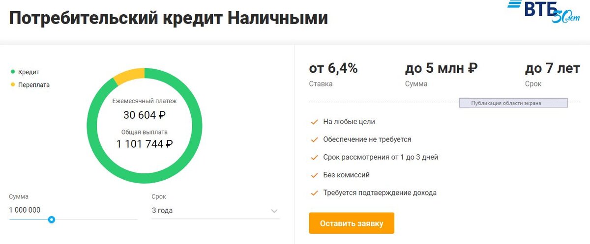 Скриншот с сайта банки.ру - расчет кредита от банка ВТБ