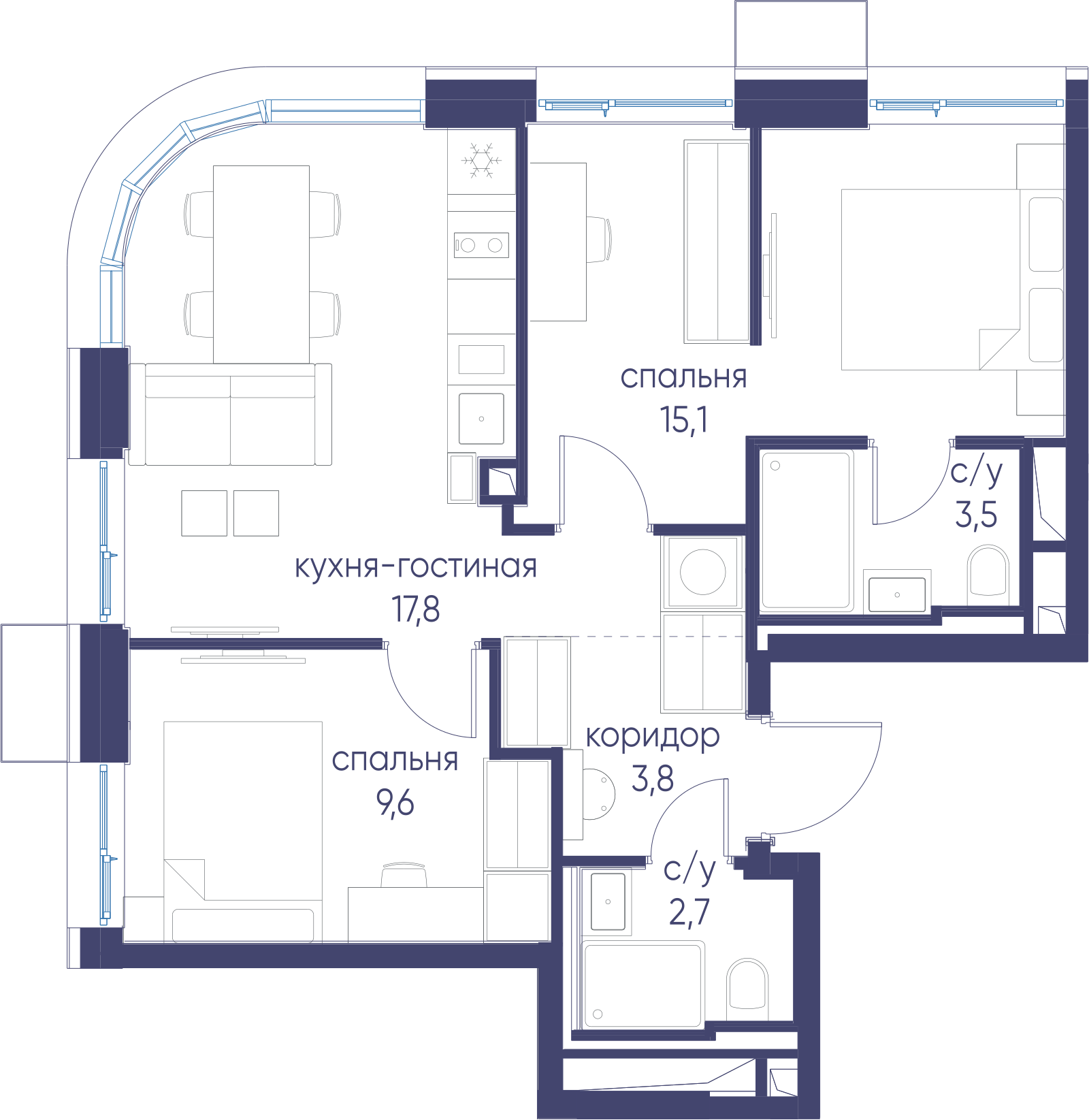 Планировка двухкомнатной квартиры 52,5 м² в ЖК Символ