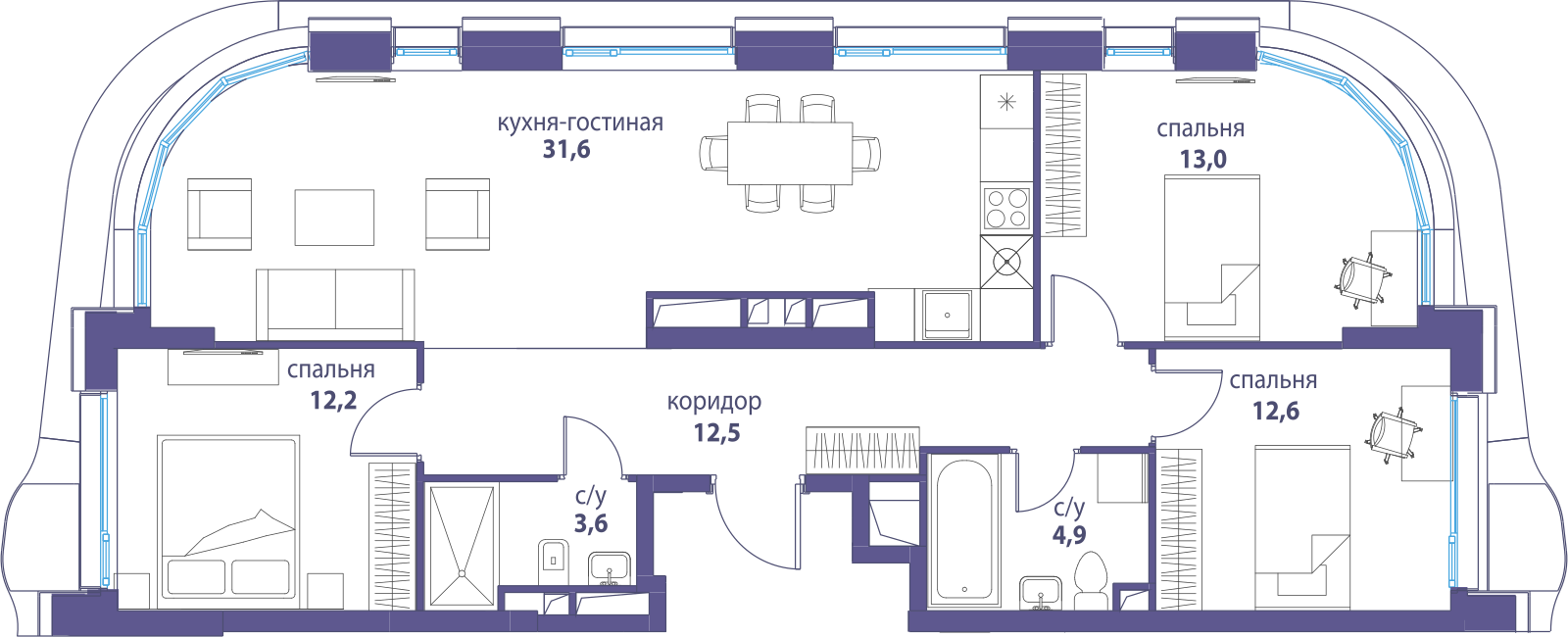 Планировка трёхкомнатной квартиры 90,3 м² в ЖК Символ