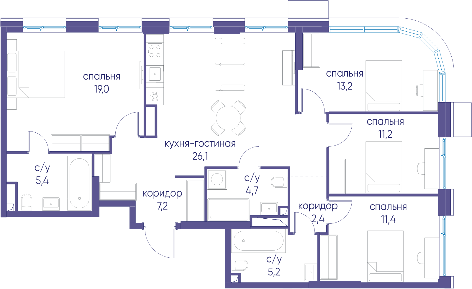 Планировка четырёхкомнатной квартиры 105,8 м² в ЖК Символ