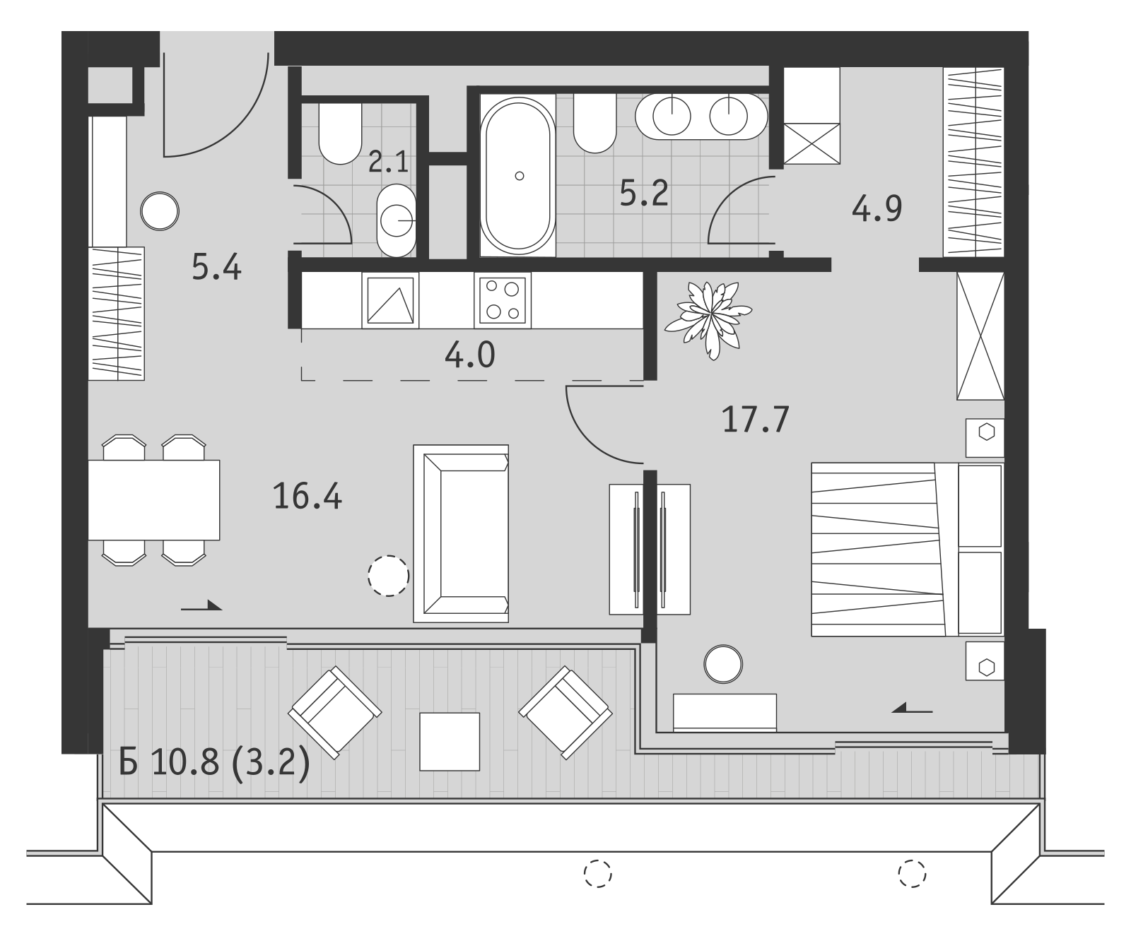 Планировка двухкомнатной квартиры 58,9 м² в ЖК Бадаевский
