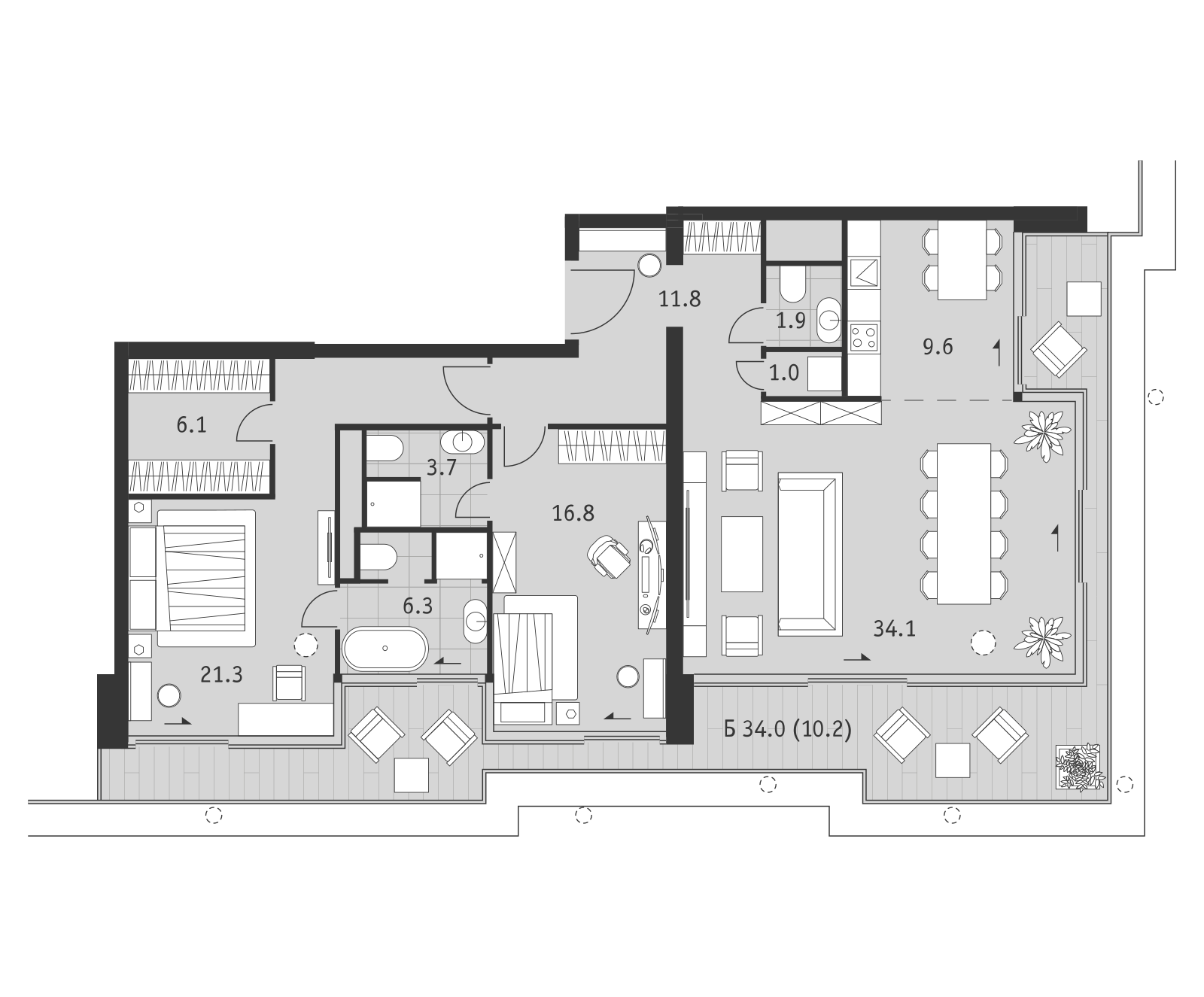 Планировка трёхкомнатной квартиры 122,8 м² в ЖК Бадаевский