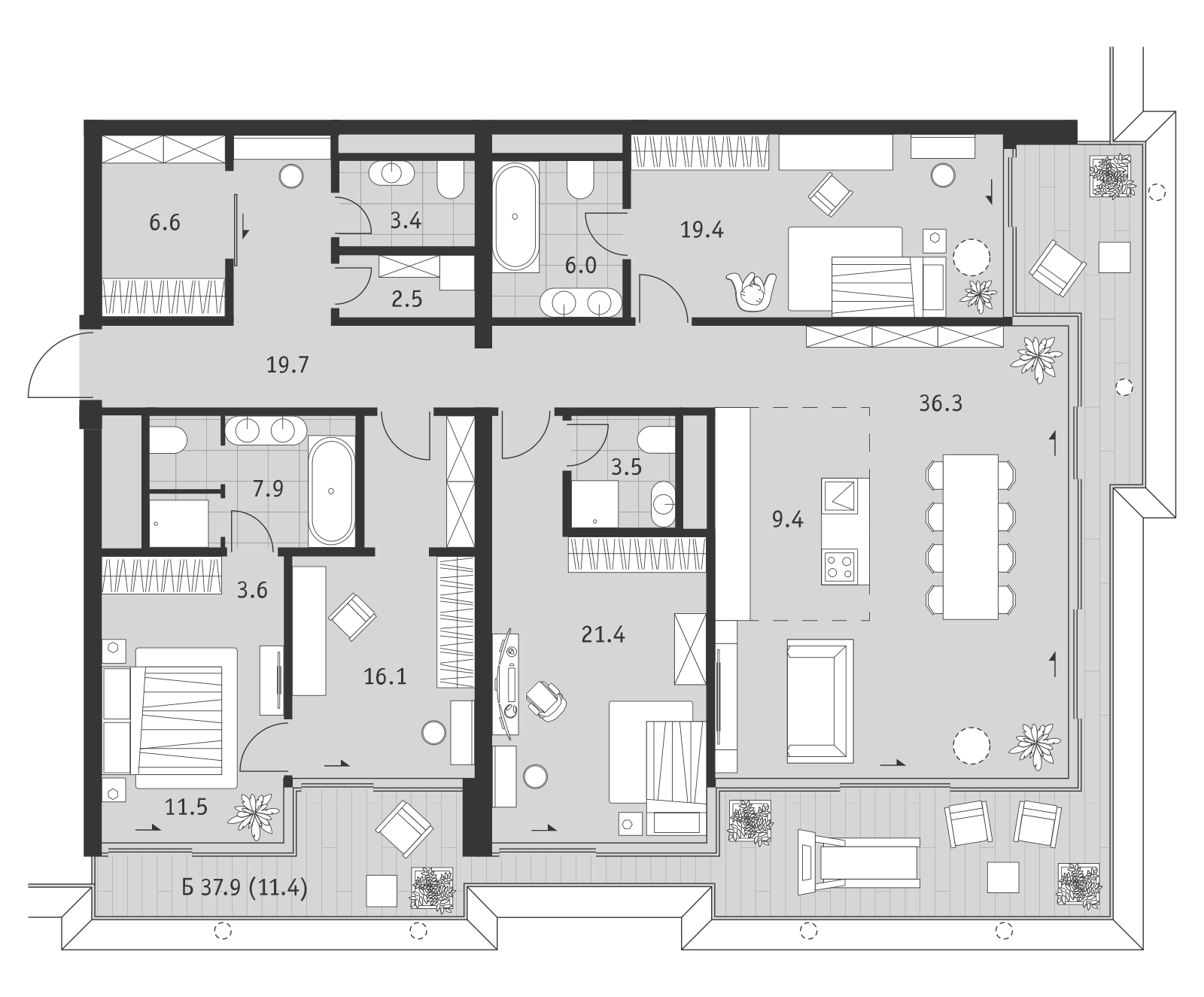 Планировка четырёхкомнатной квартиры 178,7 м² в ЖК Бадаевский
