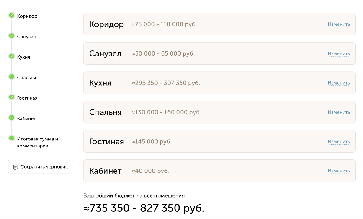 Пример сметы в системе где я делаю дизайн-проект (без техники)