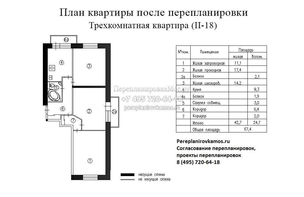 Типичная перепланировка трешки II-18 - с сайта pereplanirovkamos.ru
